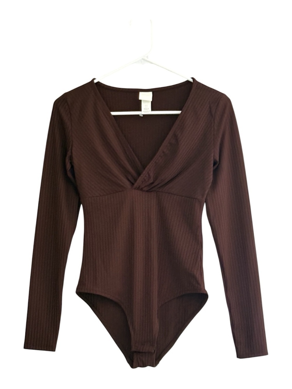 H&M Ribbed Deep V Brown Long Sleeve Bodysuit
